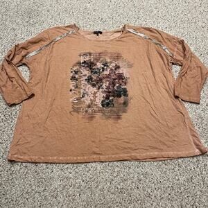 Ulla Popken 3/4 Sleeve Shirt Sz 24/26 Floral Sequin Coral Casual 100% Cotton